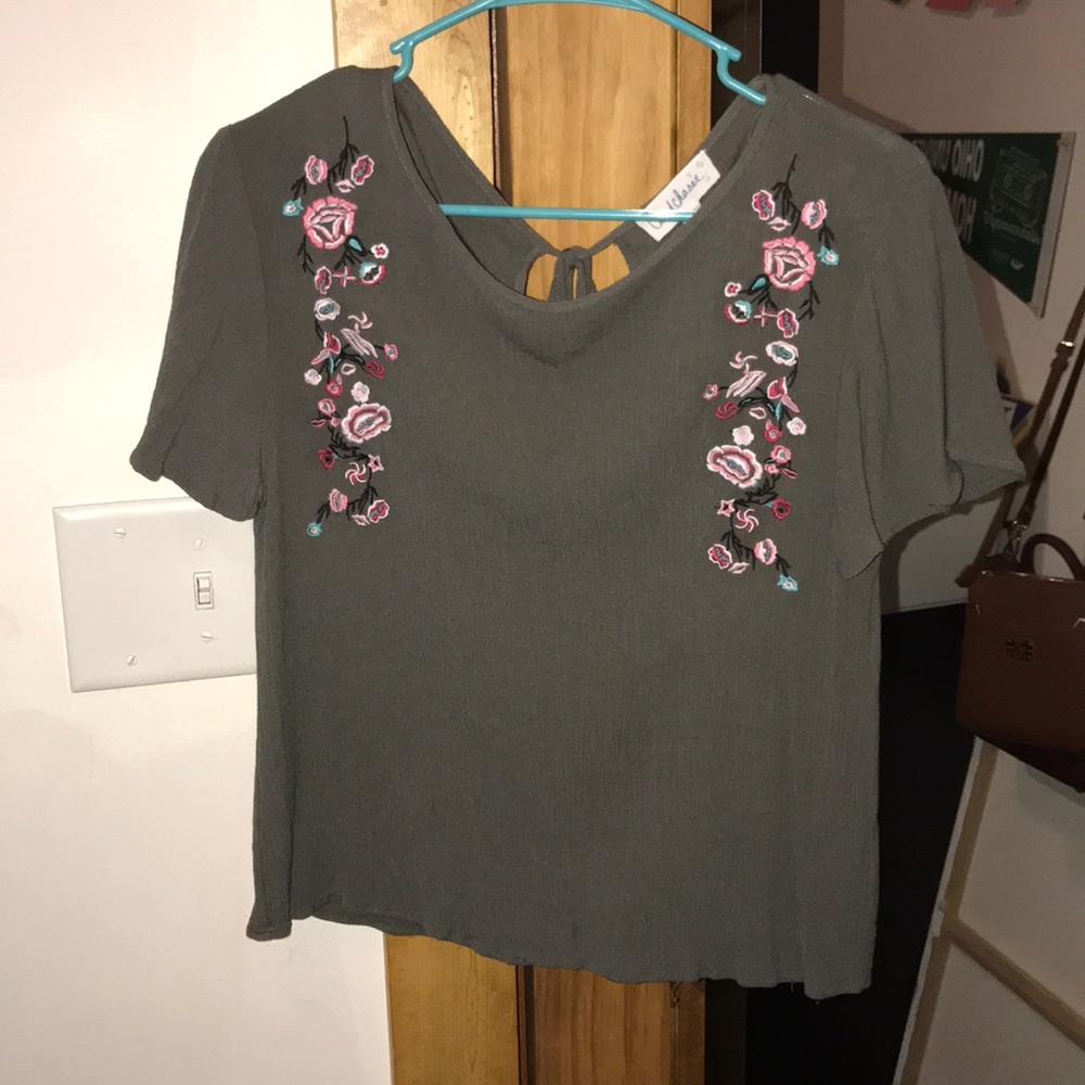 Olive green short sleeve shirt with flowers
